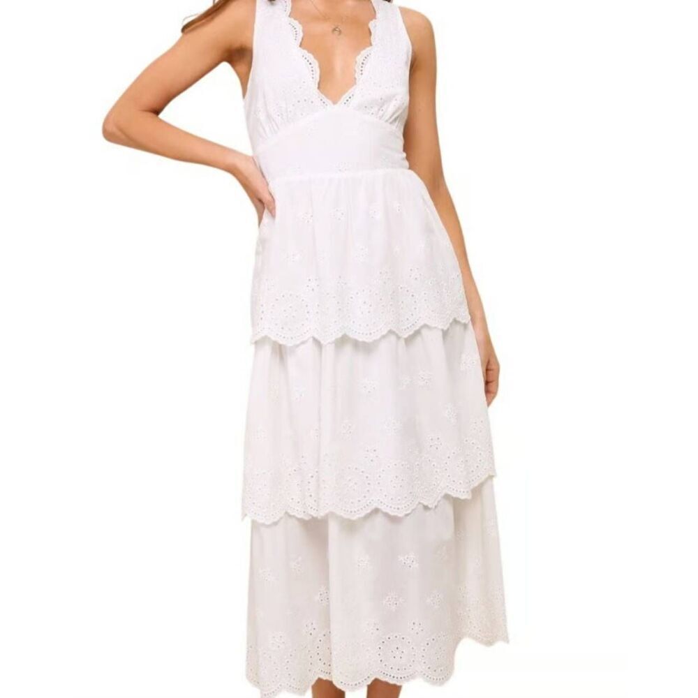 NWT Lulus Dress Women's Medium White Eyelet Embroidered Tiered Cotton Midi
